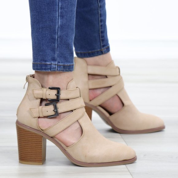 Strappy Taupe Pointy Toe Ankle Boots Faux Leather - Picture 1 of 11